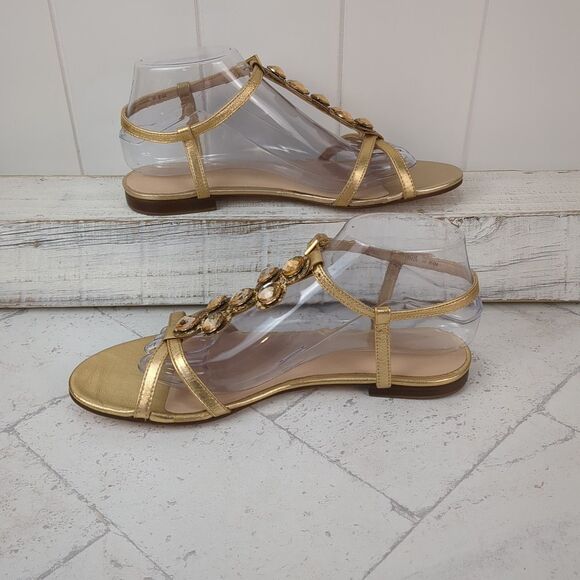 KATE SPADE Gold Metallic Stacey Flat Sandals Rhinestone Strappy Size 8.5 M - Picture 7 of 15